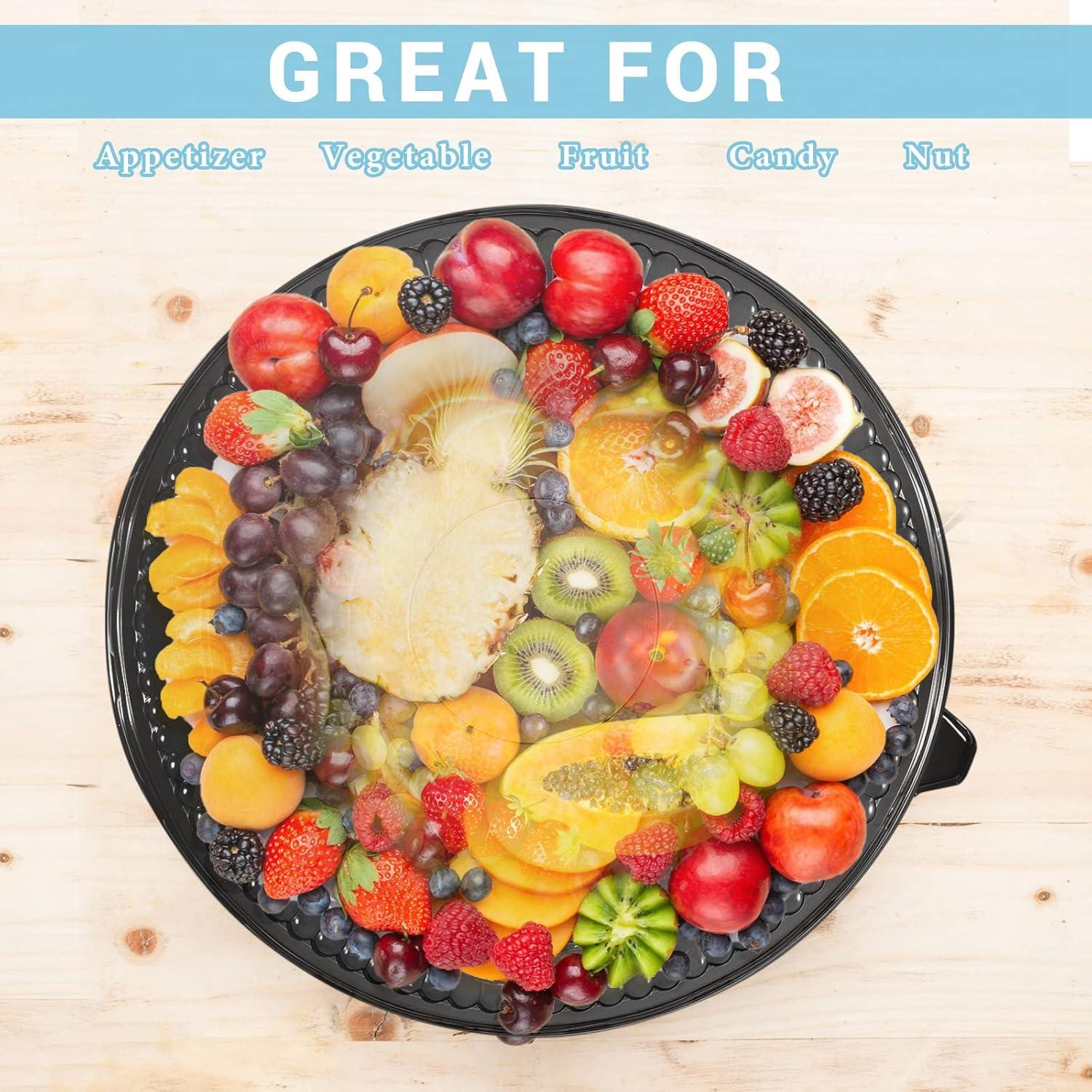 image:imageAmyhill 12 Pieces Serving Trays with Lid 18 Inch Plastic Party Platters with Lids Heavy Duty Black Round Large Stackable Plastic Catering Food Tray for Serving Appetizers Veggie Takeout Food Picnic
