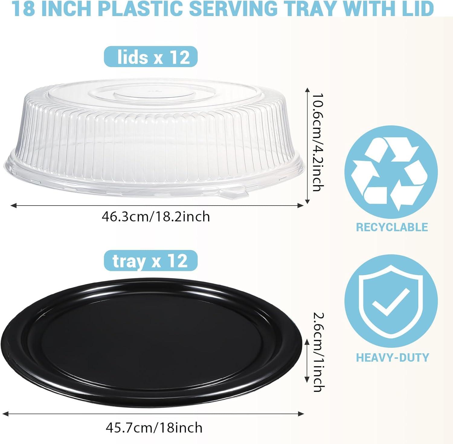 image:imageAmyhill 12 Pieces Serving Trays with Lid 18 Inch Plastic Party Platters with Lids Heavy Duty Black Round Large Stackable Plastic Catering Food Tray for Serving Appetizers Veggie Takeout Food Picnic
