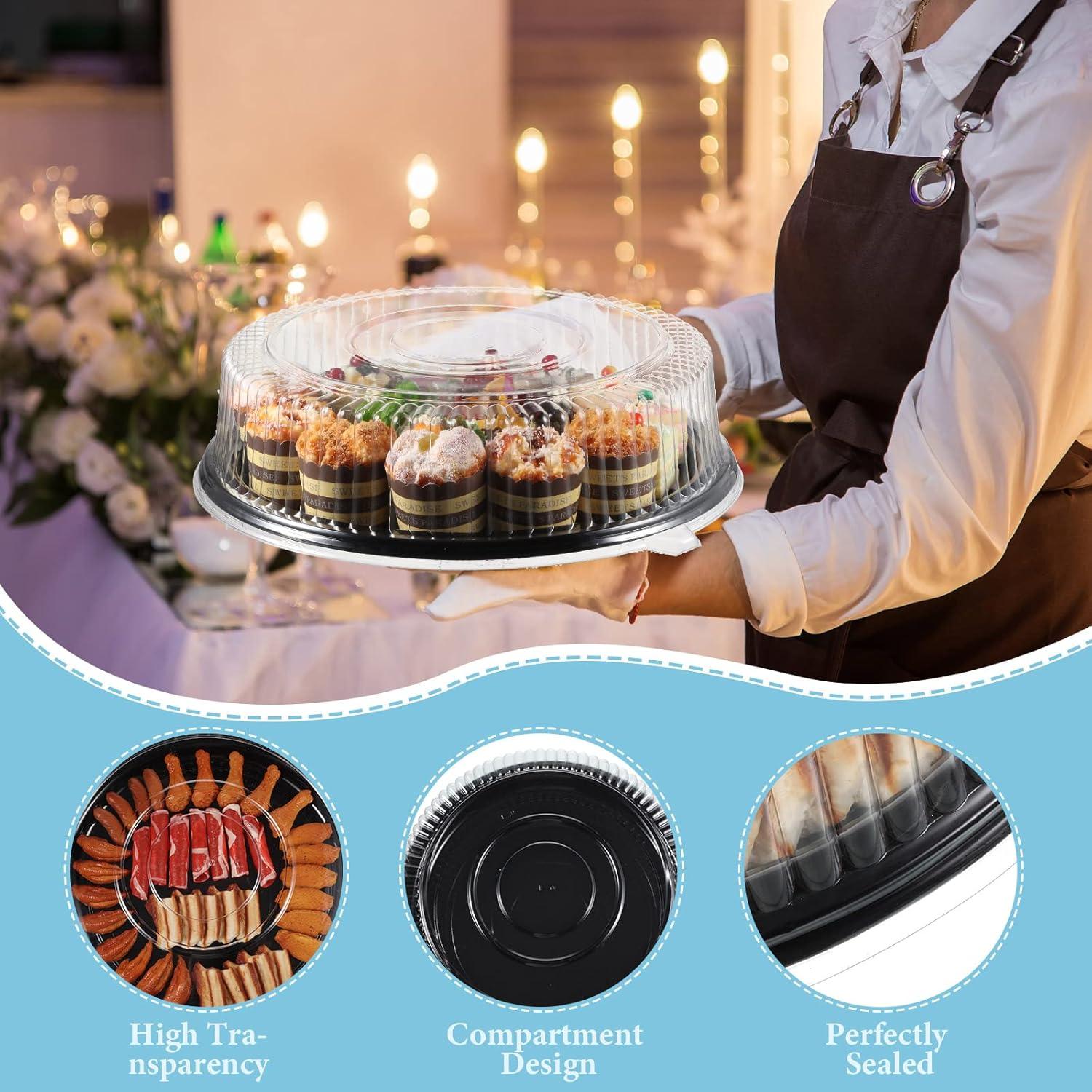 image:imageAmyhill 12 Pieces Serving Trays with Lid 18 Inch Plastic Party Platters with Lids Heavy Duty Black Round Large Stackable Plastic Catering Food Tray for Serving Appetizers Veggie Takeout Food Picnic