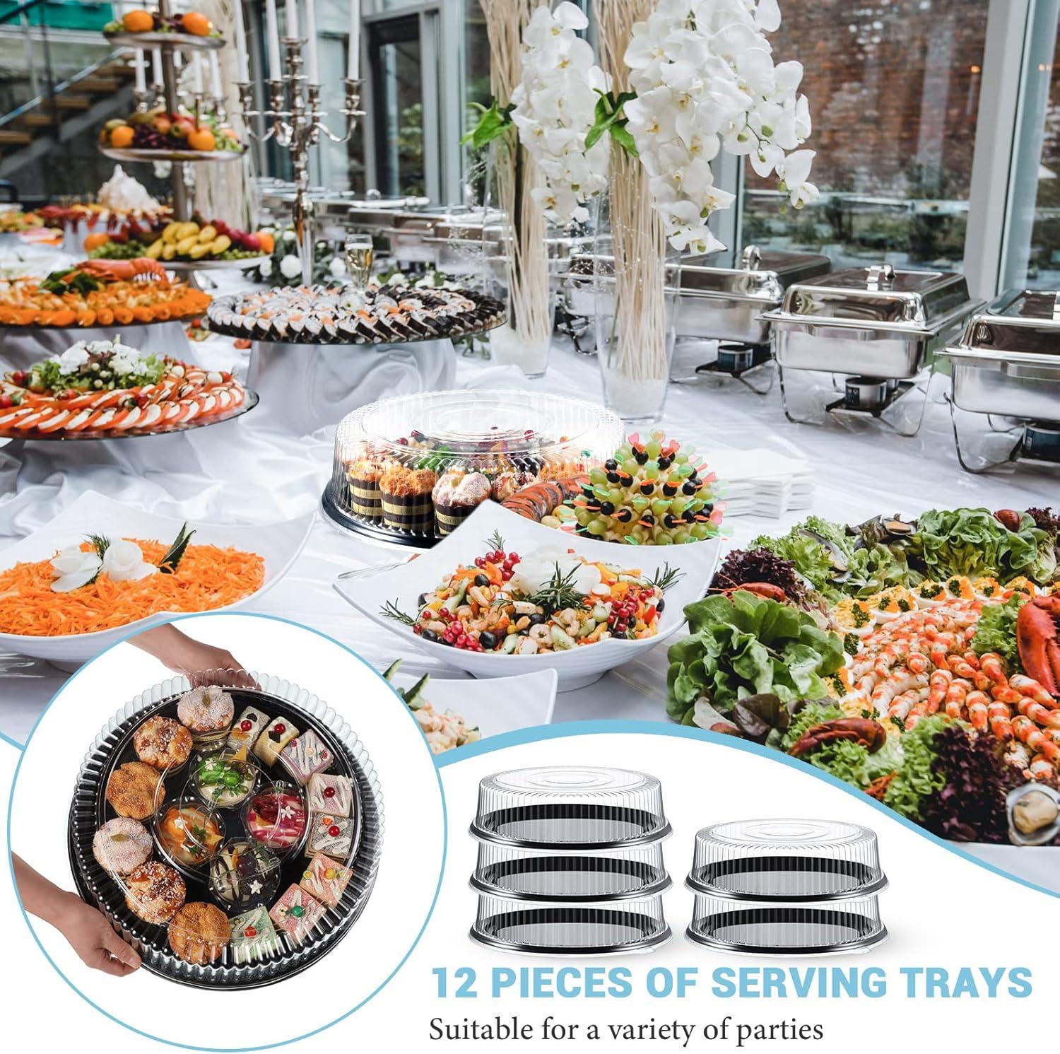 image:imageAmyhill 12 Pieces Serving Trays with Lid 18 Inch Plastic Party Platters with Lids Heavy Duty Black Round Large Stackable Plastic Catering Food Tray for Serving Appetizers Veggie Takeout Food Picnic