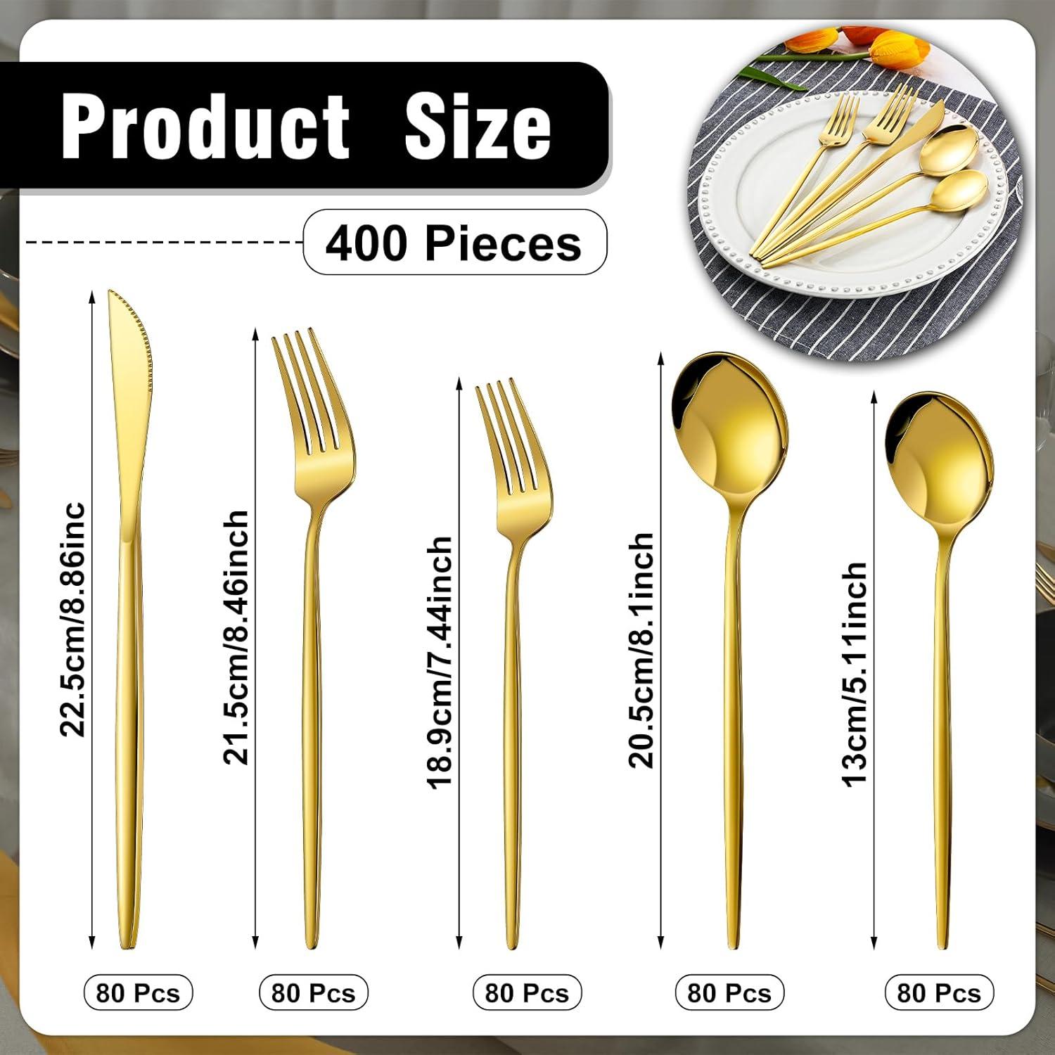 image:imageAmyhill 400 Pcs Gold Stainless Steel Utensils Set Party Tableware Flatware Set for 80 Guests Reusable Dinner Cutlery Utensils Tableware for Wedding Anniversary Party Home Restaurant