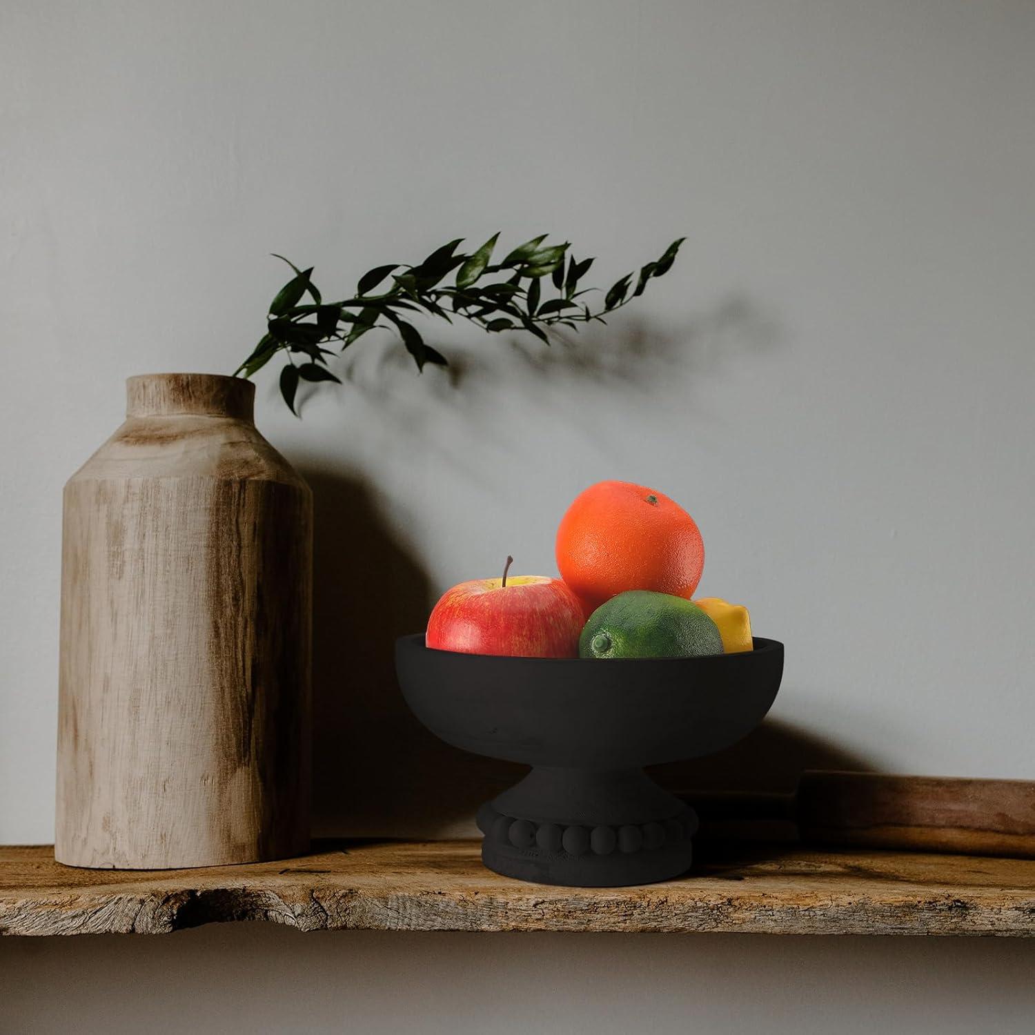 image:imageAmyhill Wood Pedestal Decorative Bowl 8 Inch Wooden Distressed Beaded Bowl for Dining Table Centerpiece Farmhouse Serving and Home DcorWhiteBlack
