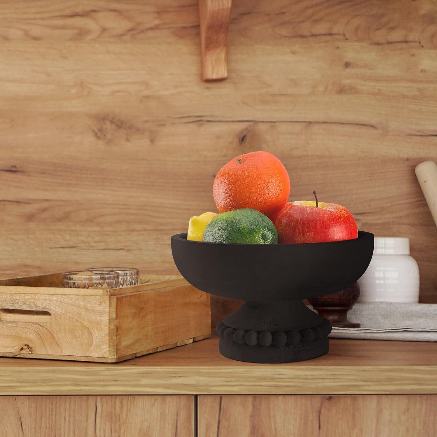 image:imageAmyhill Wood Pedestal Decorative Bowl 8 Inch Wooden Distressed Beaded Bowl for Dining Table Centerpiece Farmhouse Serving and Home DcorWhiteBlack