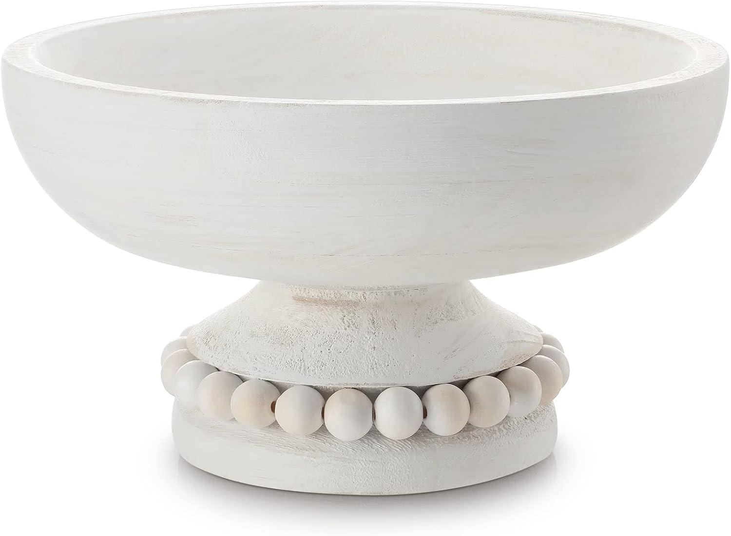 image:imageAmyhill Wood Pedestal Decorative Bowl 8 Inch Wooden Distressed Beaded Bowl for Dining Table Centerpiece Farmhouse Serving and Home DcorWhiteWhite
