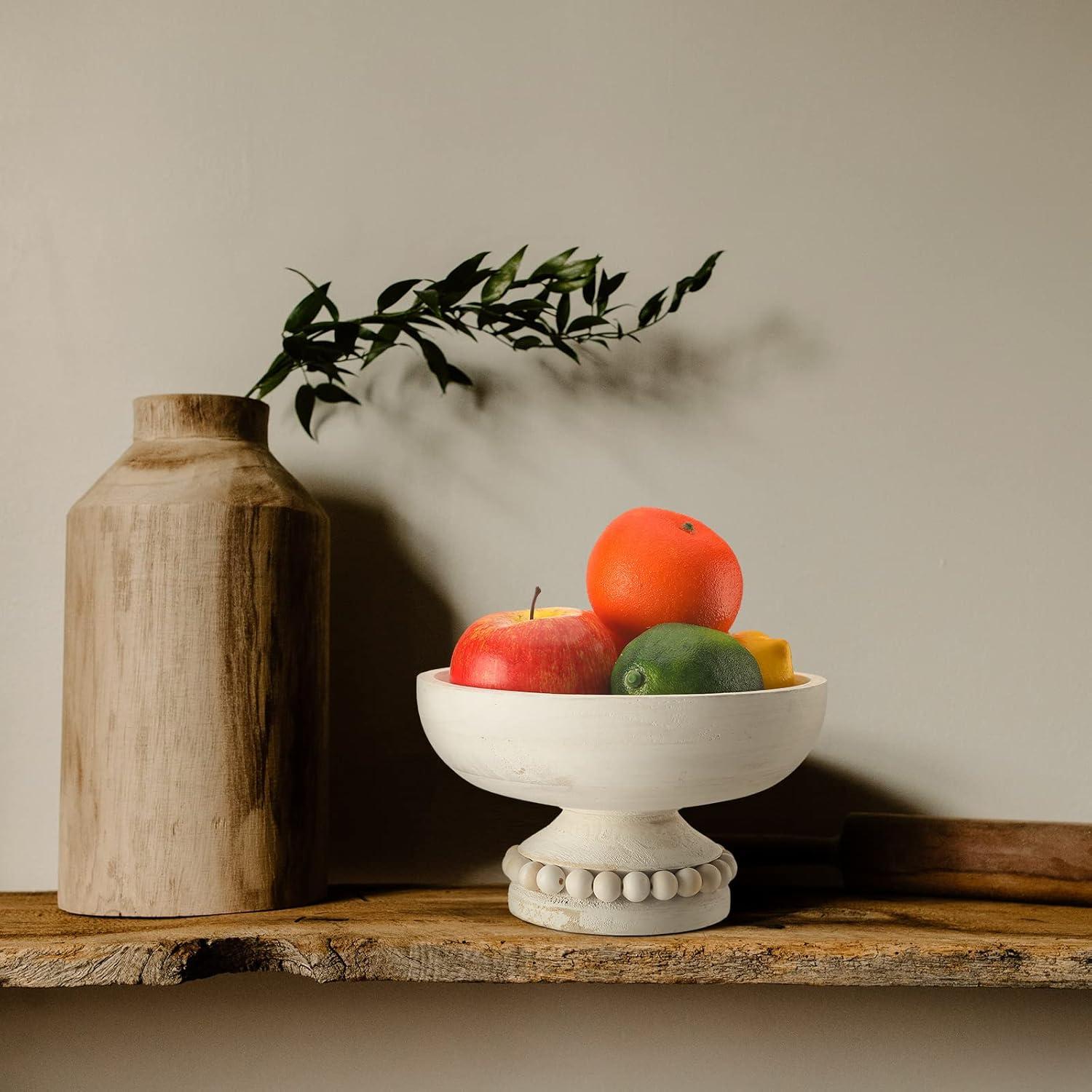 image:imageAmyhill Wood Pedestal Decorative Bowl 8 Inch Wooden Distressed Beaded Bowl for Dining Table Centerpiece Farmhouse Serving and Home DcorWhiteWhite