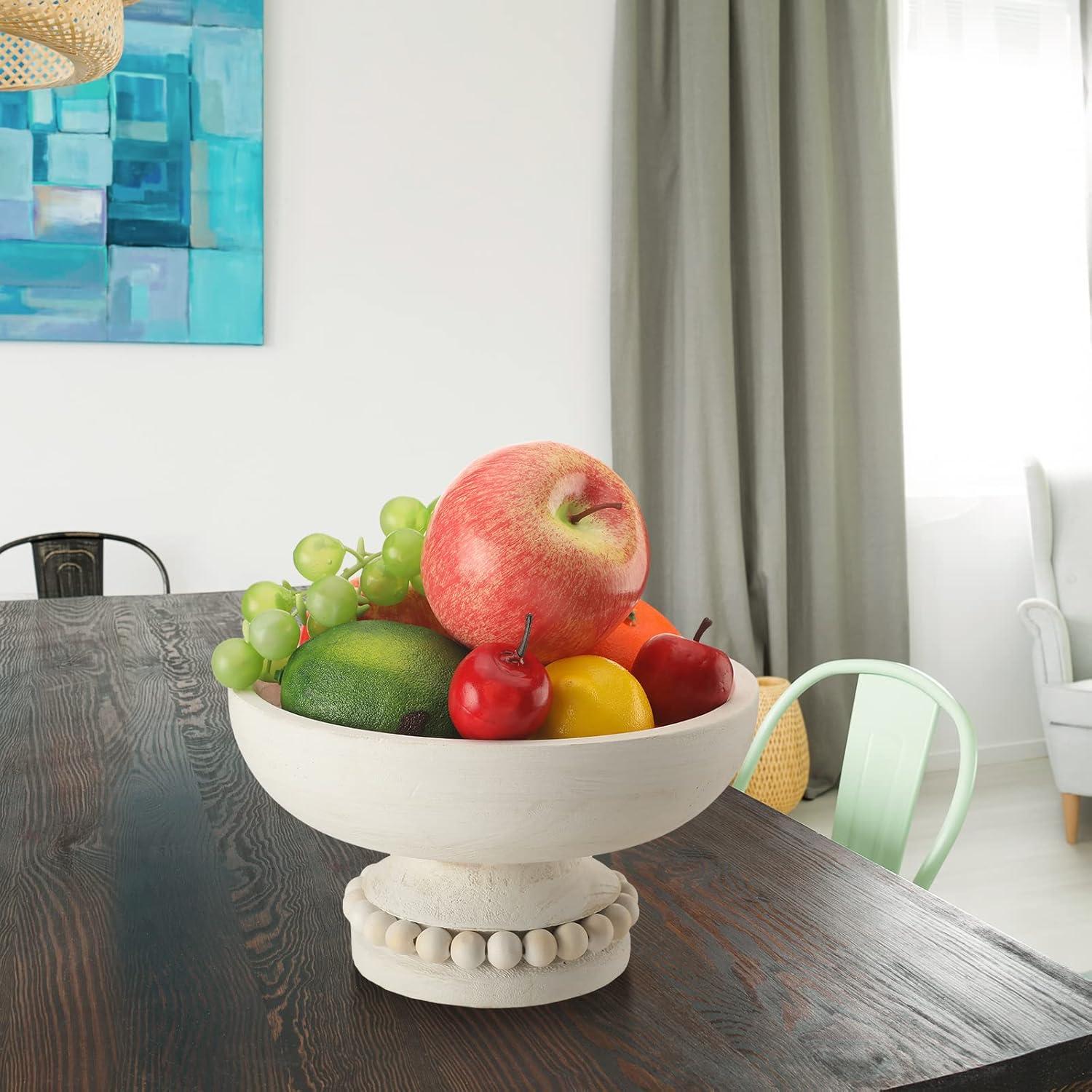 image:imageAmyhill Wood Pedestal Decorative Bowl 8 Inch Wooden Distressed Beaded Bowl for Dining Table Centerpiece Farmhouse Serving and Home DcorWhiteWhite