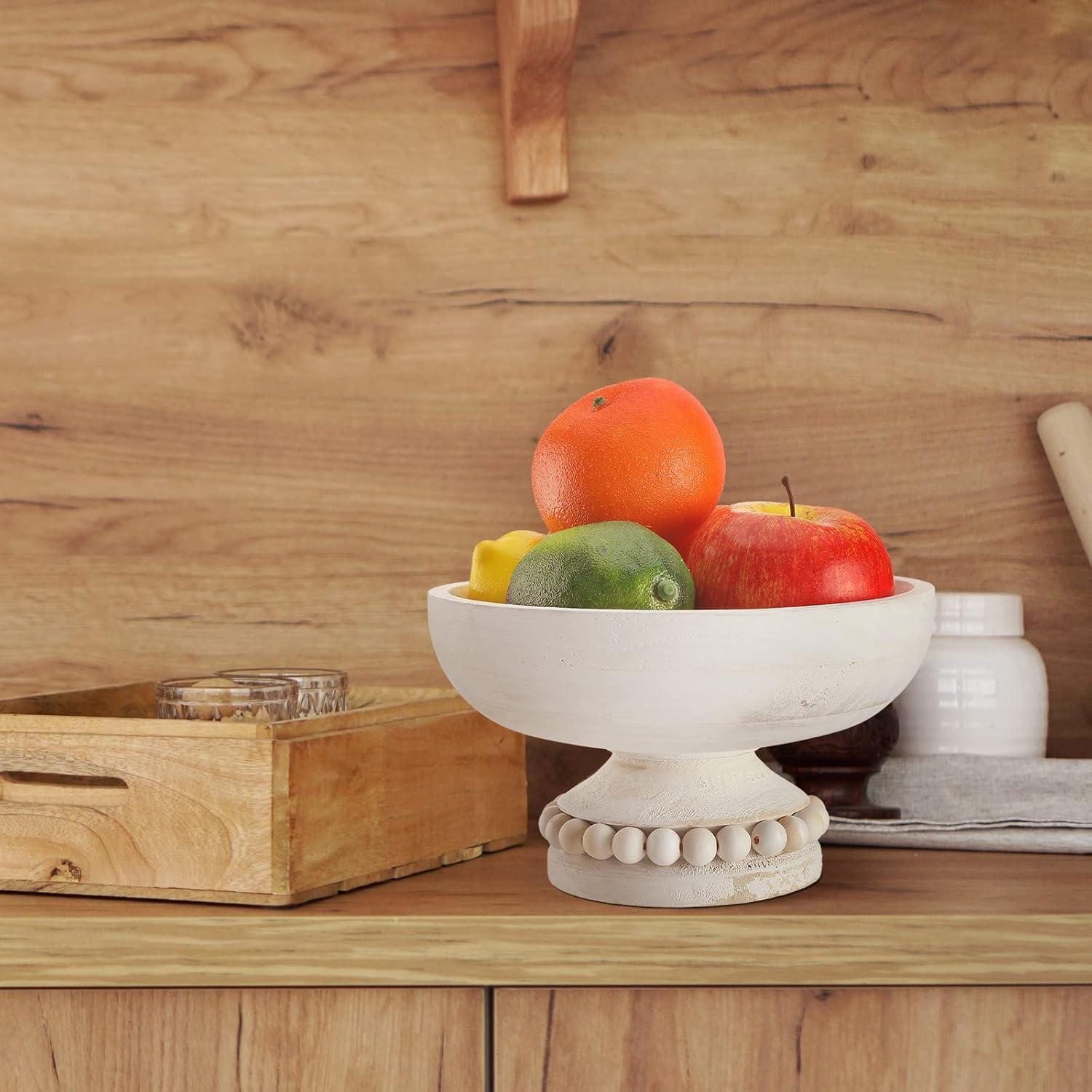 image:imageAmyhill Wood Pedestal Decorative Bowl 8 Inch Wooden Distressed Beaded Bowl for Dining Table Centerpiece Farmhouse Serving and Home DcorWhiteWhite