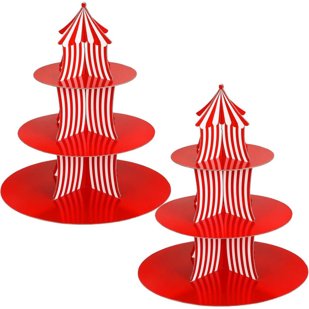 image:imageAmyhill 2 Pcs Carnival Cupcake Stand 3 Tier Cardboard Cupcake Holder Red White Striped Circus Cupcake Holders for Dessert Table Displays Carnival Birthday Theme Party Decorations