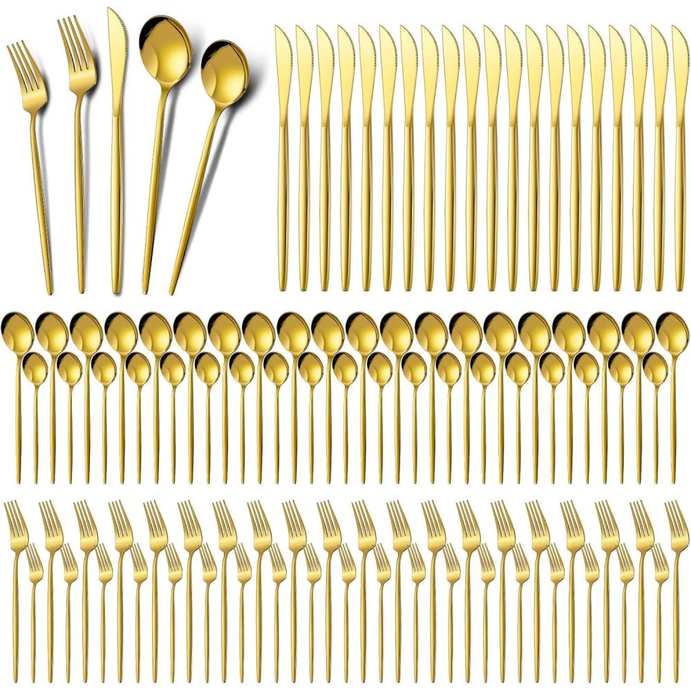 image:imageAmyhill 400 Pcs Gold Stainless Steel Utensils Set Party Tableware Flatware Set for 80 Guests Reusable Dinner Cutlery Utensils Tableware for Wedding Anniversary Party Home Restaurant