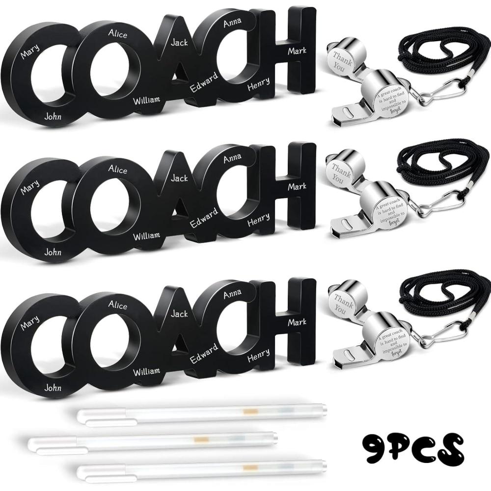image:imageAmyhill 9 Pcs Coach Gifts Football Soccer Coaches Gifts Thank You Coach Wood Sign Whistle Stainless Steel Whistle with Rope White Marker Pen for Men Women Soccer Baseball Volleyball Sports Gift
