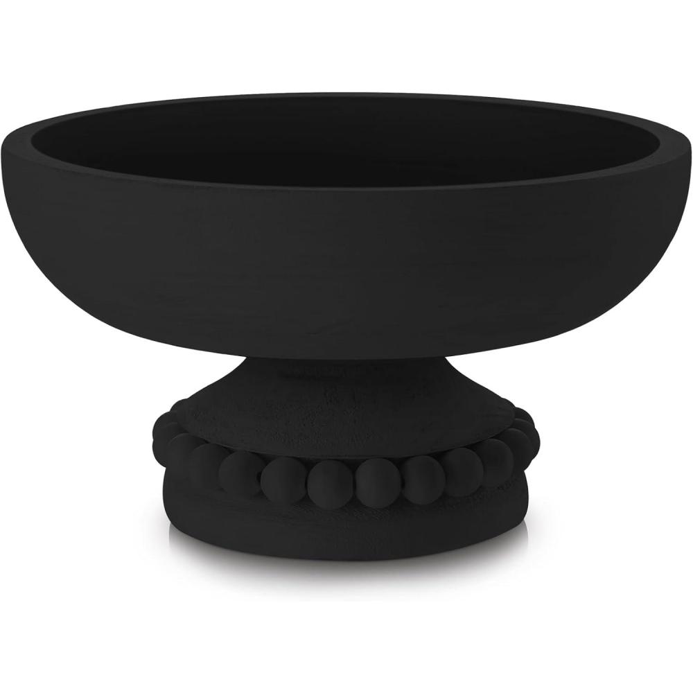image:imageAmyhill Wood Pedestal Decorative Bowl 8 Inch Wooden Distressed Beaded Bowl for Dining Table Centerpiece Farmhouse Serving and Home DcorWhiteBlack