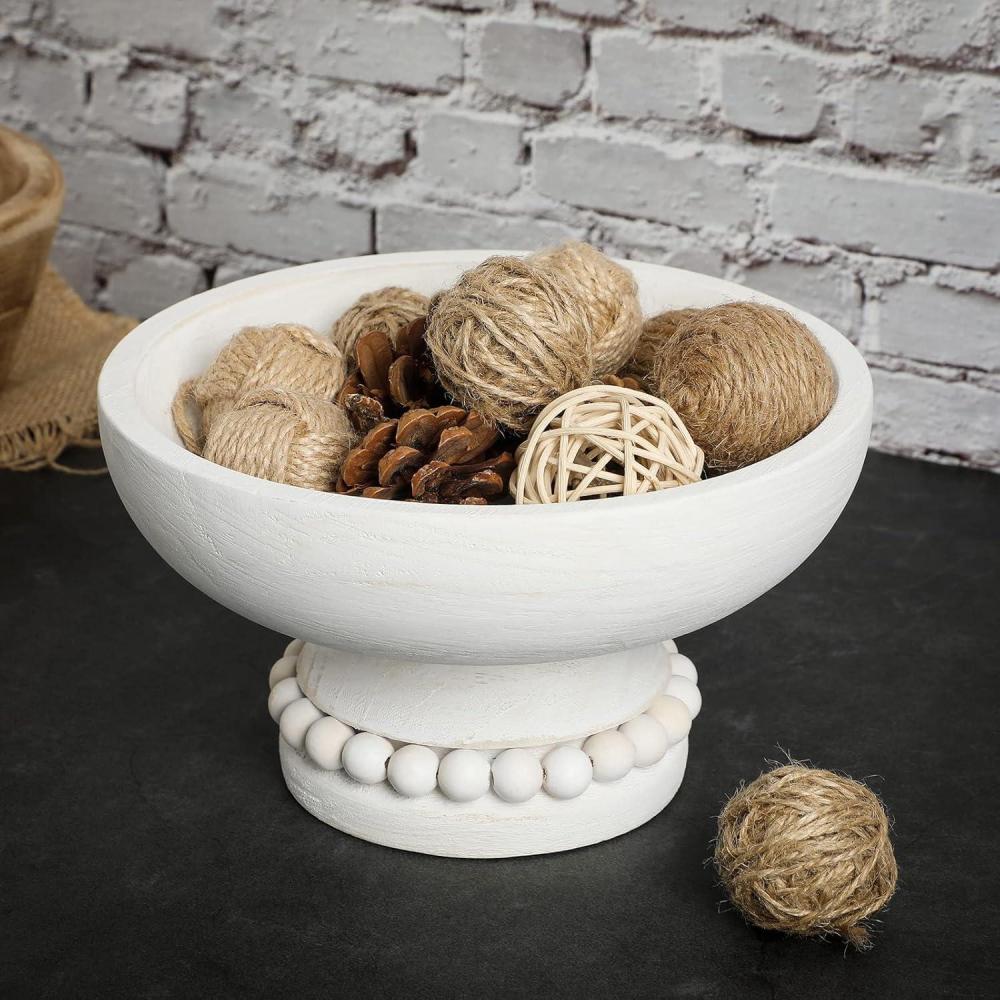 image:imageAmyhill Wood Pedestal Decorative Bowl 8 Inch Wooden Distressed Beaded Bowl for Dining Table Centerpiece Farmhouse Serving and Home DcorWhiteWhite