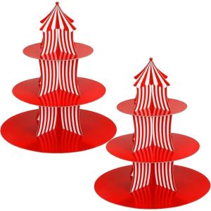 Amyhill 2 Pcs Carnival Cupcake Stand 3 Tier Cardboard Cupcake Holder Red White Striped Circus Cupcake Holders for Dessert Table Displays Carnival Birthday Theme Party Decorations