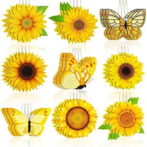 Amyhill 27 Pcs Spring Sunflower Wooden Tree Ornament Set Hanging Butterfly Tree Decoration with Rope Pendant Hanging Tag Wood Cutout Decoration for Home Birthday Party Supplies