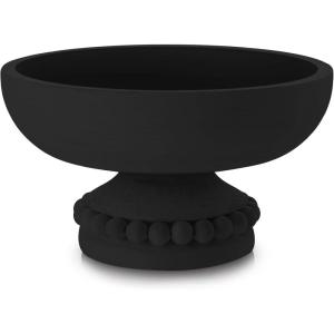 Amyhill Wood Pedestal Decorative Bowl 8 Inch Wooden Distressed Beaded Bowl for Dining Table Centerpiece, Farmhouse, Serving and Home Décor(White)(Black)