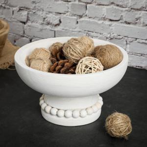 Amyhill Wood Pedestal Decorative Bowl 8 Inch Wooden Distressed Beaded Bowl for Dining Table Centerpiece, Farmhouse, Serving and Home Décor(White)(White)