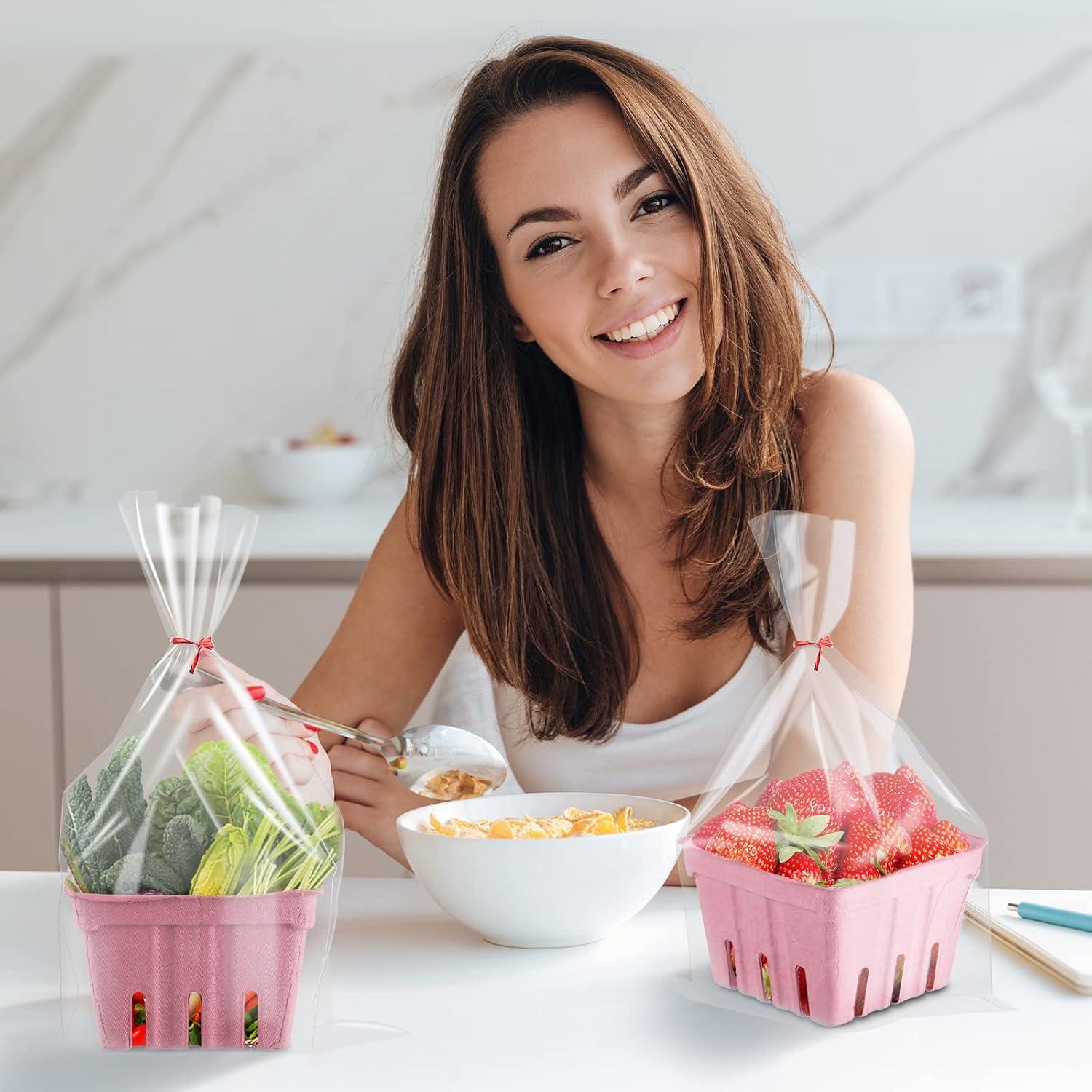 image:imageAmyhill 100 Pack Pink Pulp Fiber Berry Basket Set Include 100 Strawberry Fruit Basket and 100 Clear Packaging Bags with 100 Tie Strips Small Berry Container for Farmer Market Produce StoragePint Pink