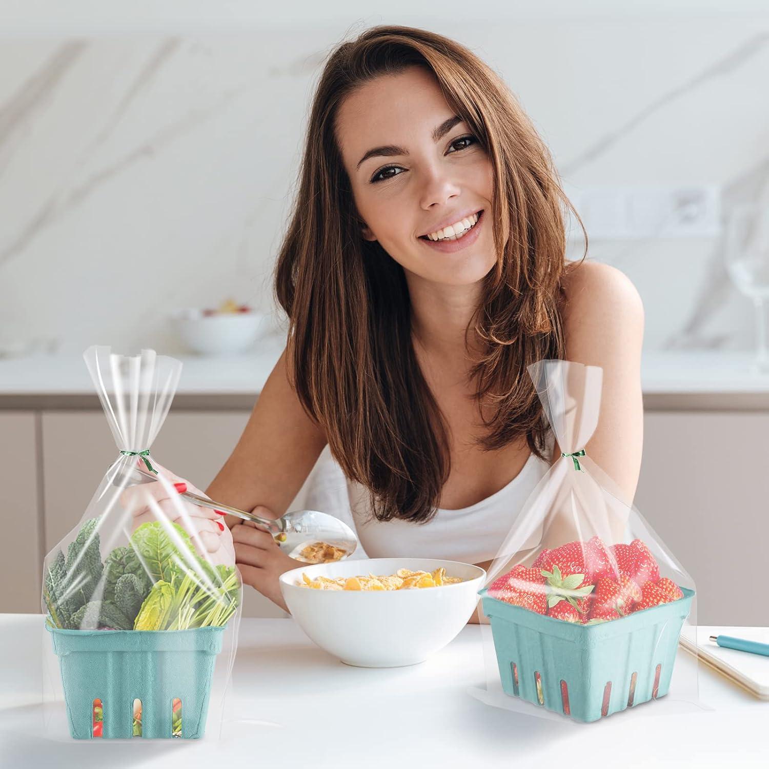 image:imageAmyhill 100 Pack Pink Pulp Fiber Berry Basket Set Include 100 Strawberry Fruit Basket and 100 Clear Packaging Bags with 100 Tie Strips Small Berry Container for Farmer Market Produce StorageGreen