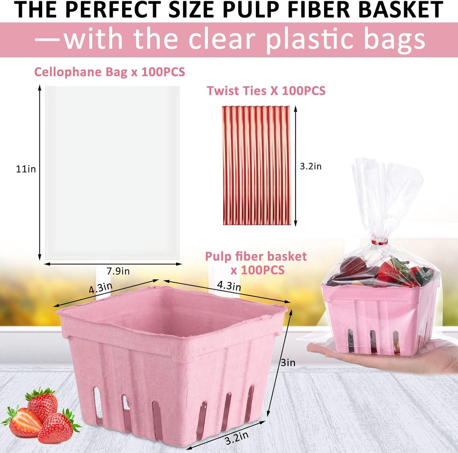 image:imageAmyhill 100 Pack Pink Pulp Fiber Berry Basket Set Include 100 Strawberry Fruit Basket and 100 Clear Packaging Bags with 100 Tie Strips Small Berry Container for Farmer Market Produce StoragePint Pink