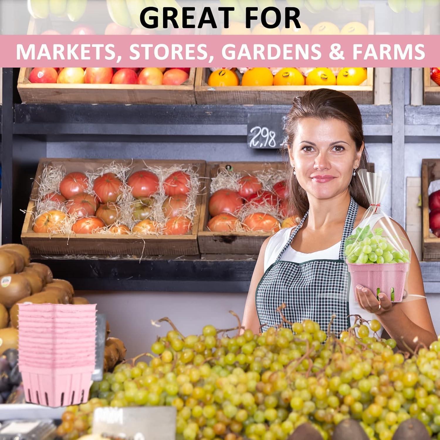 image:imageAmyhill 100 Pack Pink Pulp Fiber Berry Basket Set Include 100 Strawberry Fruit Basket and 100 Clear Packaging Bags with 100 Tie Strips Small Berry Container for Farmer Market Produce StoragePint Pink