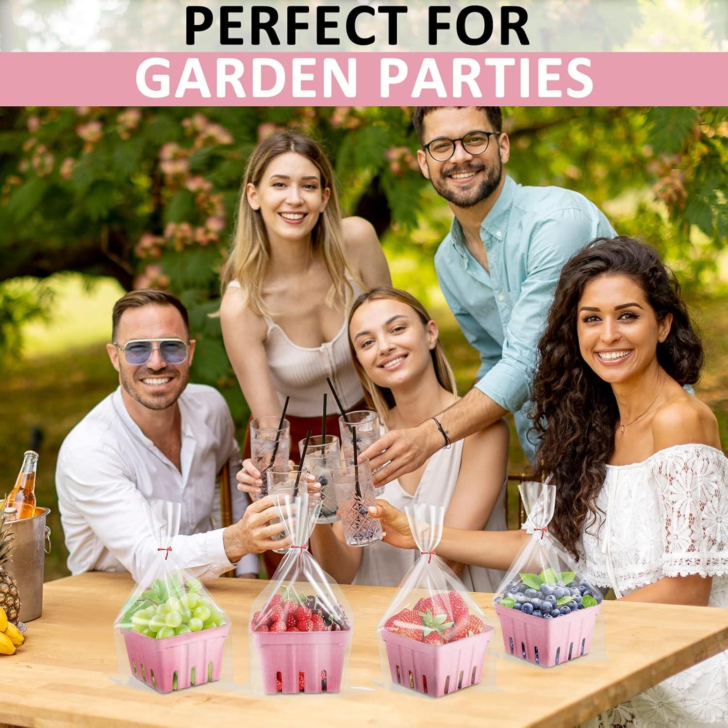 image:imageAmyhill 100 Pack Pink Pulp Fiber Berry Basket Set Include 100 Strawberry Fruit Basket and 100 Clear Packaging Bags with 100 Tie Strips Small Berry Container for Farmer Market Produce StoragePint Pink