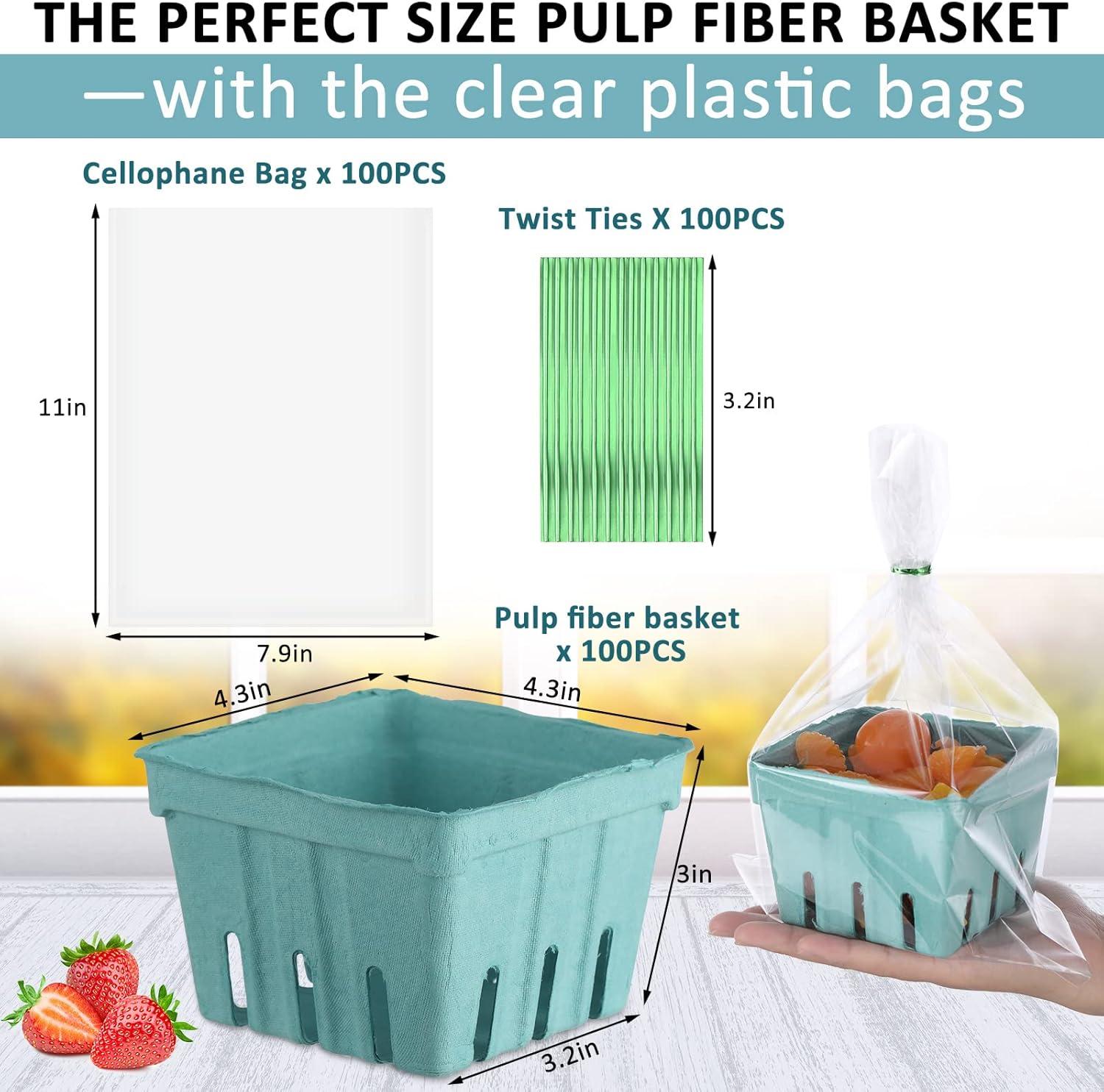image:imageAmyhill 100 Pack Pink Pulp Fiber Berry Basket Set Include 100 Strawberry Fruit Basket and 100 Clear Packaging Bags with 100 Tie Strips Small Berry Container for Farmer Market Produce StorageGreen