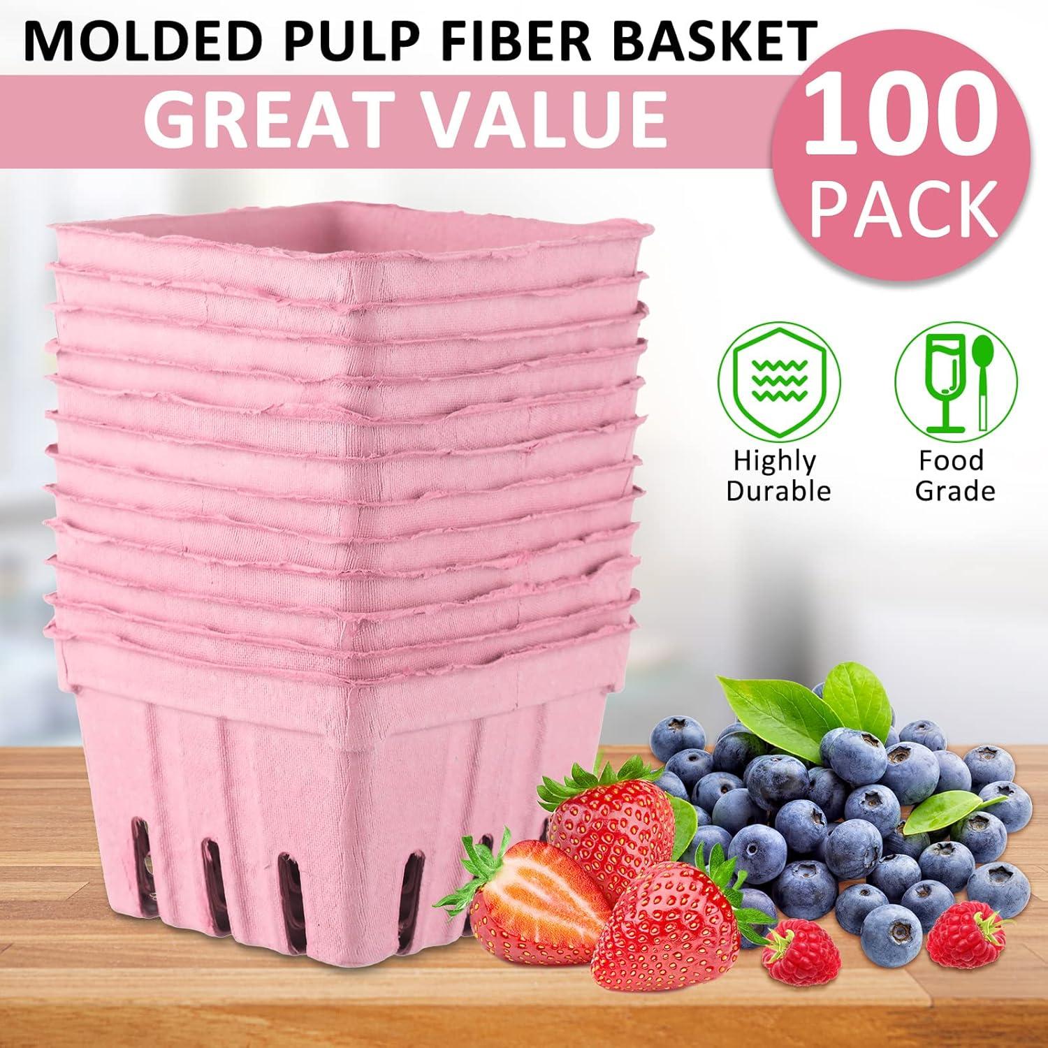image:imageAmyhill 100 Pack Pink Pulp Fiber Berry Basket Set Include 100 Strawberry Fruit Basket and 100 Clear Packaging Bags with 100 Tie Strips Small Berry Container for Farmer Market Produce StoragePint Pink