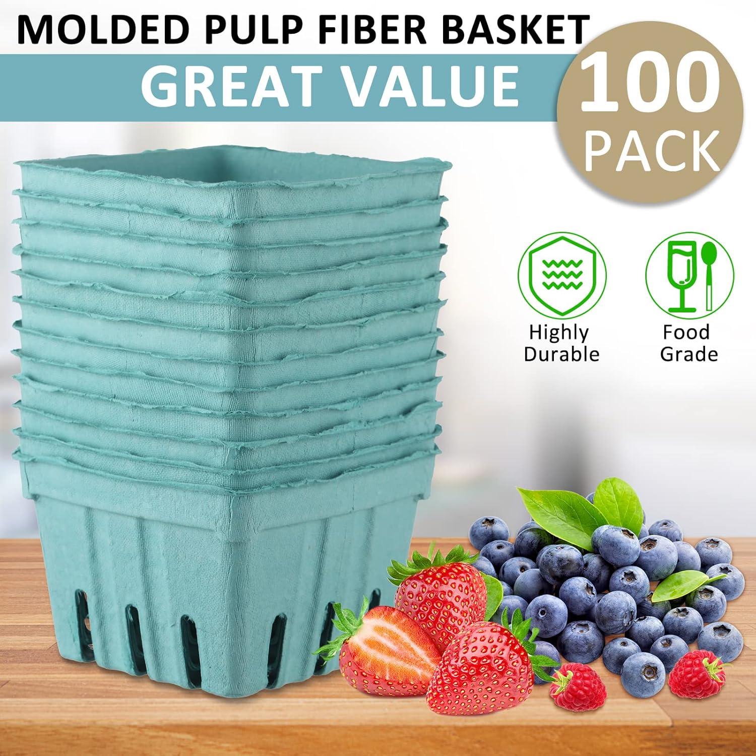 image:imageAmyhill 100 Pack Pink Pulp Fiber Berry Basket Set Include 100 Strawberry Fruit Basket and 100 Clear Packaging Bags with 100 Tie Strips Small Berry Container for Farmer Market Produce StorageGreen