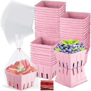 Amyhill 100 Pack Pink Pulp Fiber Berry Basket Set Include 100 Strawberry Fruit Basket and 100 Clear Packaging Bags with 100 Tie Strips Small Berry Container for Farmer Market Produce Storage(Pint Pink)