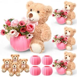 Amyhill 4 Sets Little Pumpkin Baby Shower Decorations Bear Baby Shower Table Centerpieces Bear Stuffed Artificial Flowers Plastic Pumpkin Vase Set for Fall Autumn Gender Reveal Party Decor(Orange)(Pink)