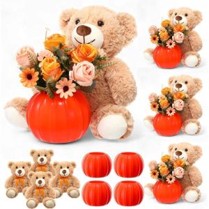 Amyhill 4 Sets Little Pumpkin Baby Shower Decorations Bear Baby Shower Table Centerpieces Bear Stuffed Artificial Flowers Plastic Pumpkin Vase Set for Fall Autumn Gender Reveal Party Decor(Orange)(Orange)