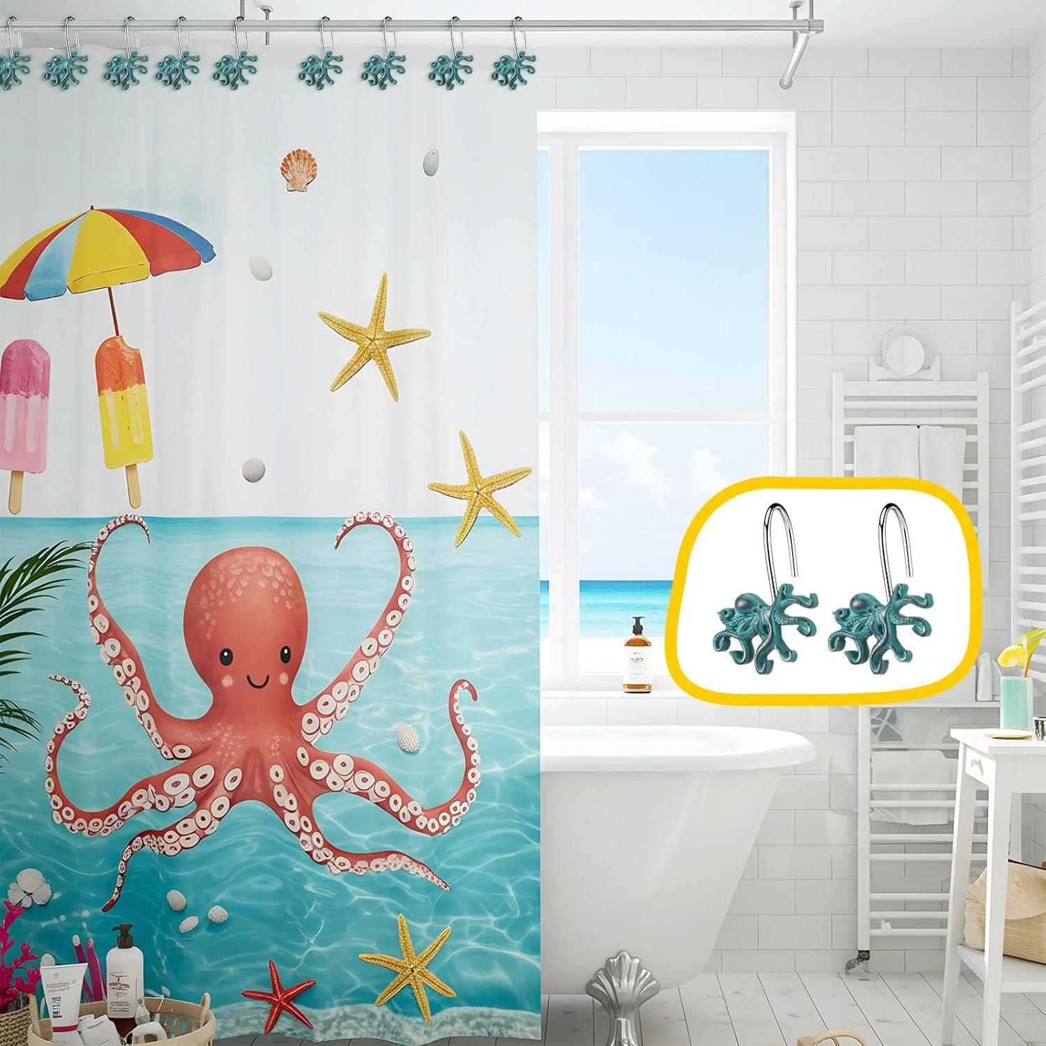image:imageAmyhill 12 Pcs Shower Curtain Hooks Decorative Shower Curtain Rings Stainless Steel Resin Sea Theme Bathroom Decor Suitable for Home BedroomSea TurtleOctopus