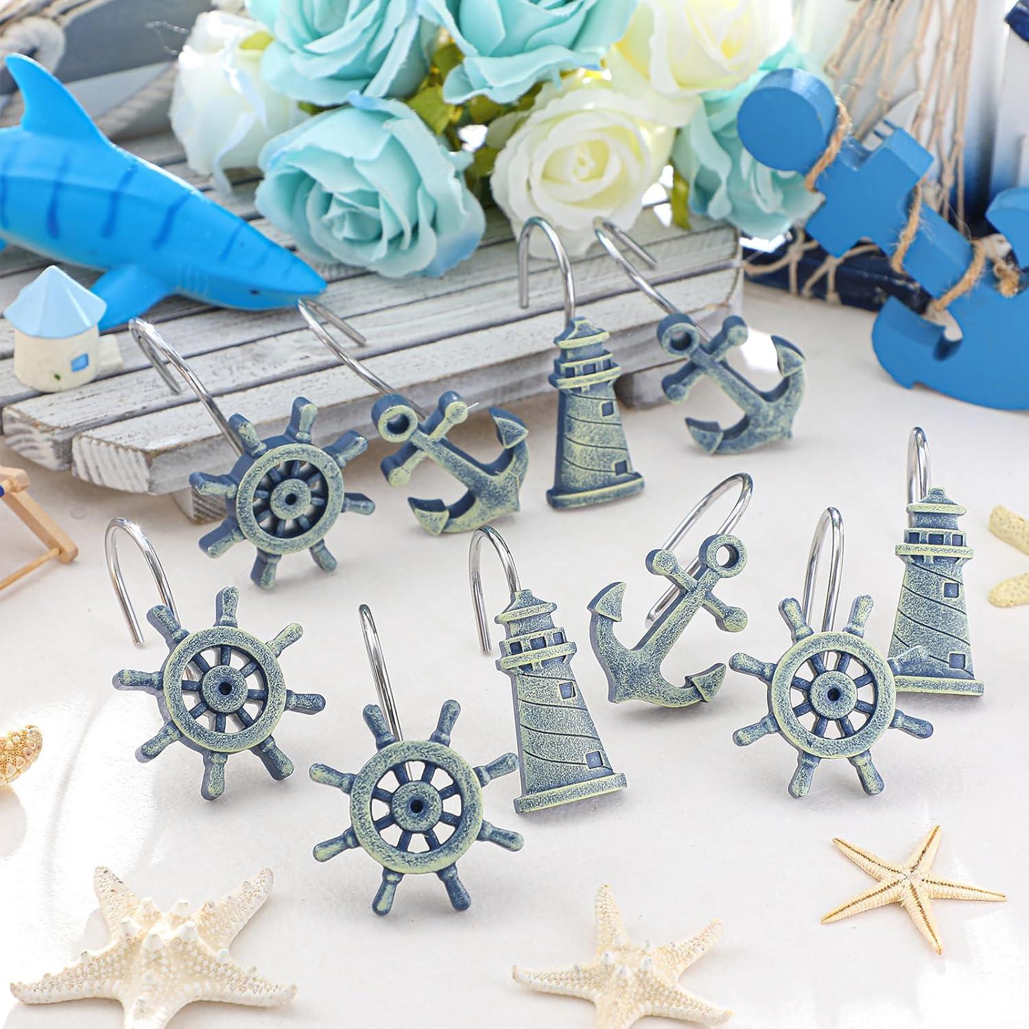 image:imageAmyhill 12 Pcs Shower Curtain Hooks Decorative Shower Curtain Rings Stainless Steel Resin Sea Theme Bathroom Decor Suitable for Home BedroomSea TurtleNautical