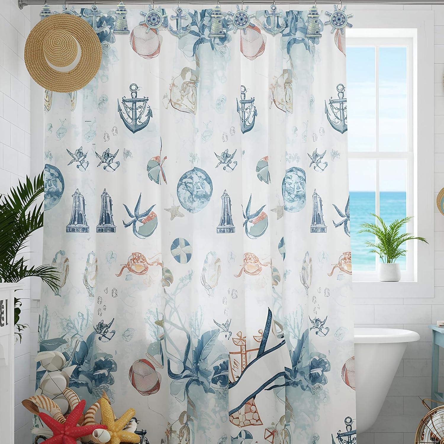 image:imageAmyhill 12 Pcs Shower Curtain Hooks Decorative Shower Curtain Rings Stainless Steel Resin Sea Theme Bathroom Decor Suitable for Home BedroomSea TurtleNautical