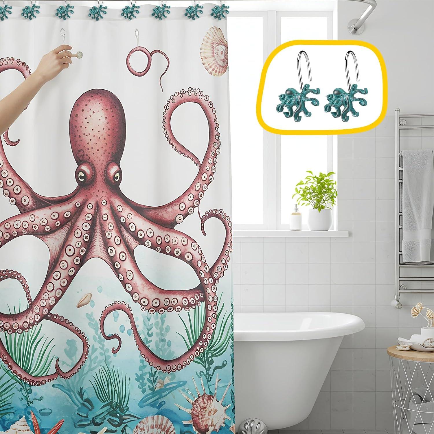image:imageAmyhill 12 Pcs Shower Curtain Hooks Decorative Shower Curtain Rings Stainless Steel Resin Sea Theme Bathroom Decor Suitable for Home BedroomSea TurtleOctopus