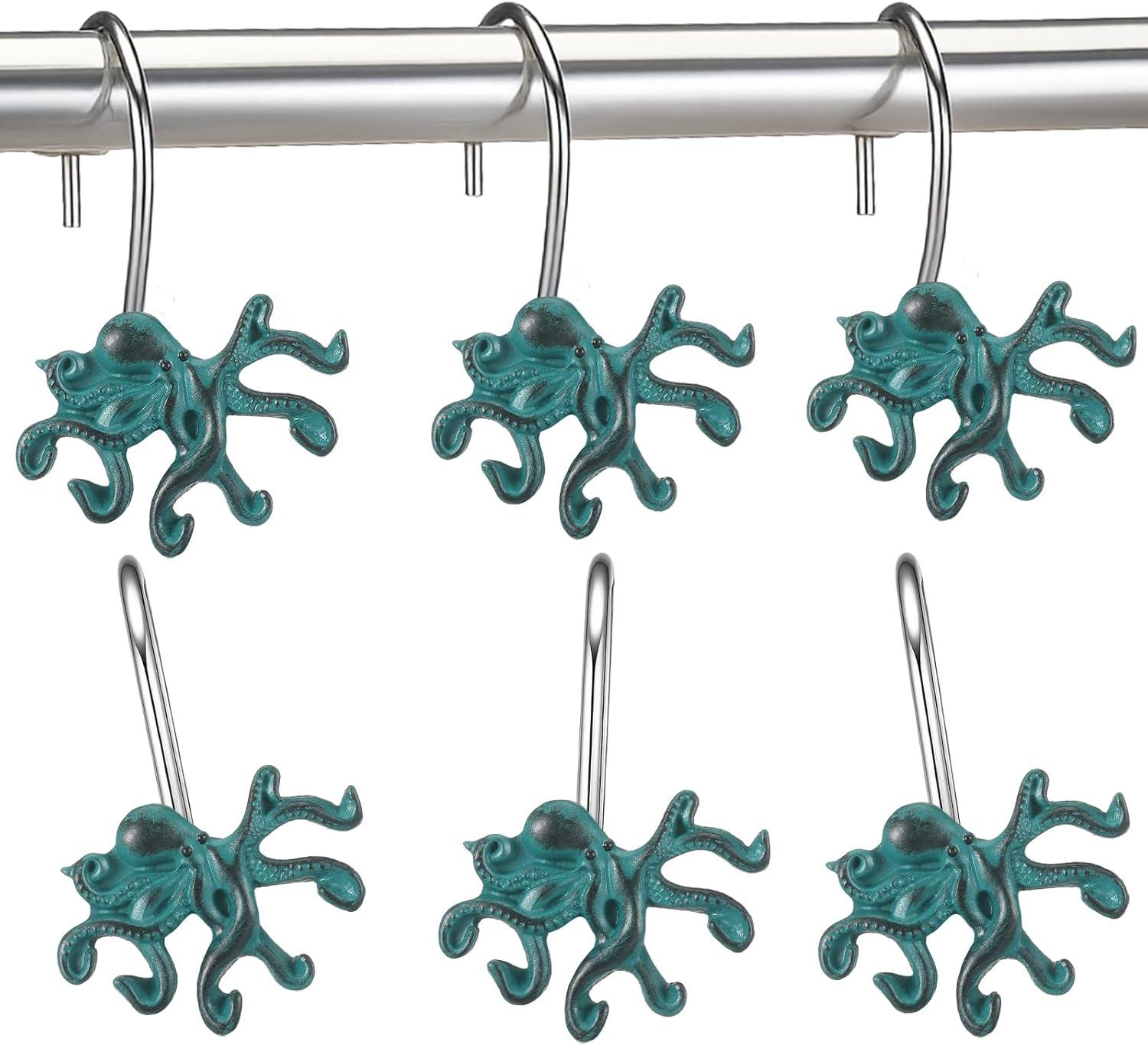 image:imageAmyhill 12 Pcs Shower Curtain Hooks Decorative Shower Curtain Rings Stainless Steel Resin Sea Theme Bathroom Decor Suitable for Home BedroomSea TurtleOctopus
