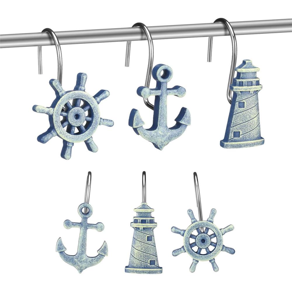 image:imageAmyhill 12 Pcs Shower Curtain Hooks Decorative Shower Curtain Rings Stainless Steel Resin Sea Theme Bathroom Decor Suitable for Home BedroomSea TurtleNautical