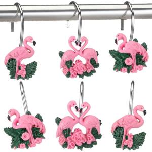 Amyhill 12 Pcs Shower Curtain Hooks Decorative Shower Curtain Rings Stainless Steel Resin Sea Theme Bathroom Decor Suitable for Home Bedroom(Sea Turtle)(Flamingo)