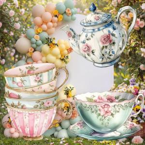 Amyhill 3 Pcs Large Wonderland Tea Party Decorations Wonderland Garden Yard Sign Teapot Teacup Tea Bowl Cardboard Cutout Stand Vintage Garden Photography Props for Birthday Wedding Bridal Shower Decor(Tea Party)