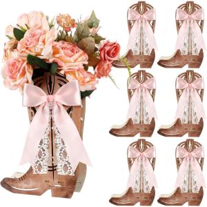 Amyhill Western Cowgirl Boots Flower Boxes Centerpiece Boot Shape Wood Boxes Decor Western Theme Party Cowgirl Favors Tabletop for Cowboy Birthday Party Baby Shower Wedding Supplies(Beige,6 Pcs)(Light Pink)