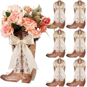 Amyhill Western Cowgirl Boots Flower Boxes Centerpiece Boot Shape Wood Boxes Decor Western Theme Party Cowgirl Favors Tabletop for Cowboy Birthday Party Baby Shower Wedding Supplies(Beige,6 Pcs)(Beige)